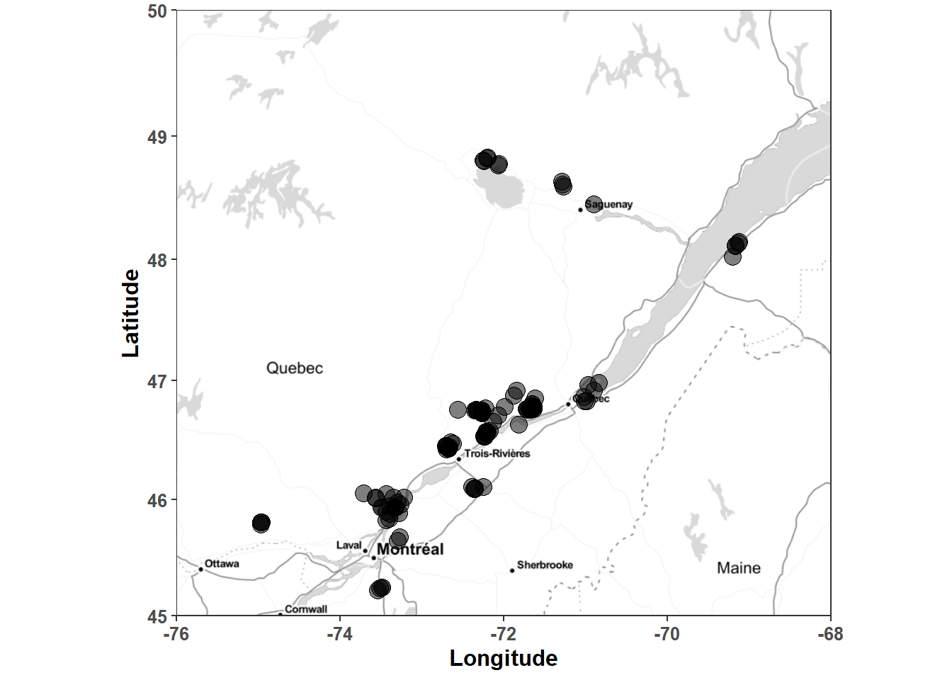 Location of experimental sites in the Québec potato data set.